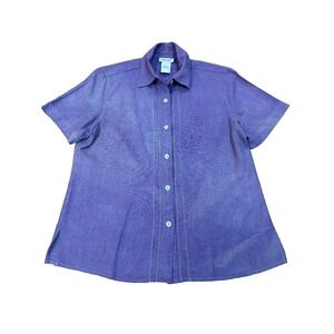 vtg Cara Casual raw silk camp shirt purple boxy green trim womens' sz small